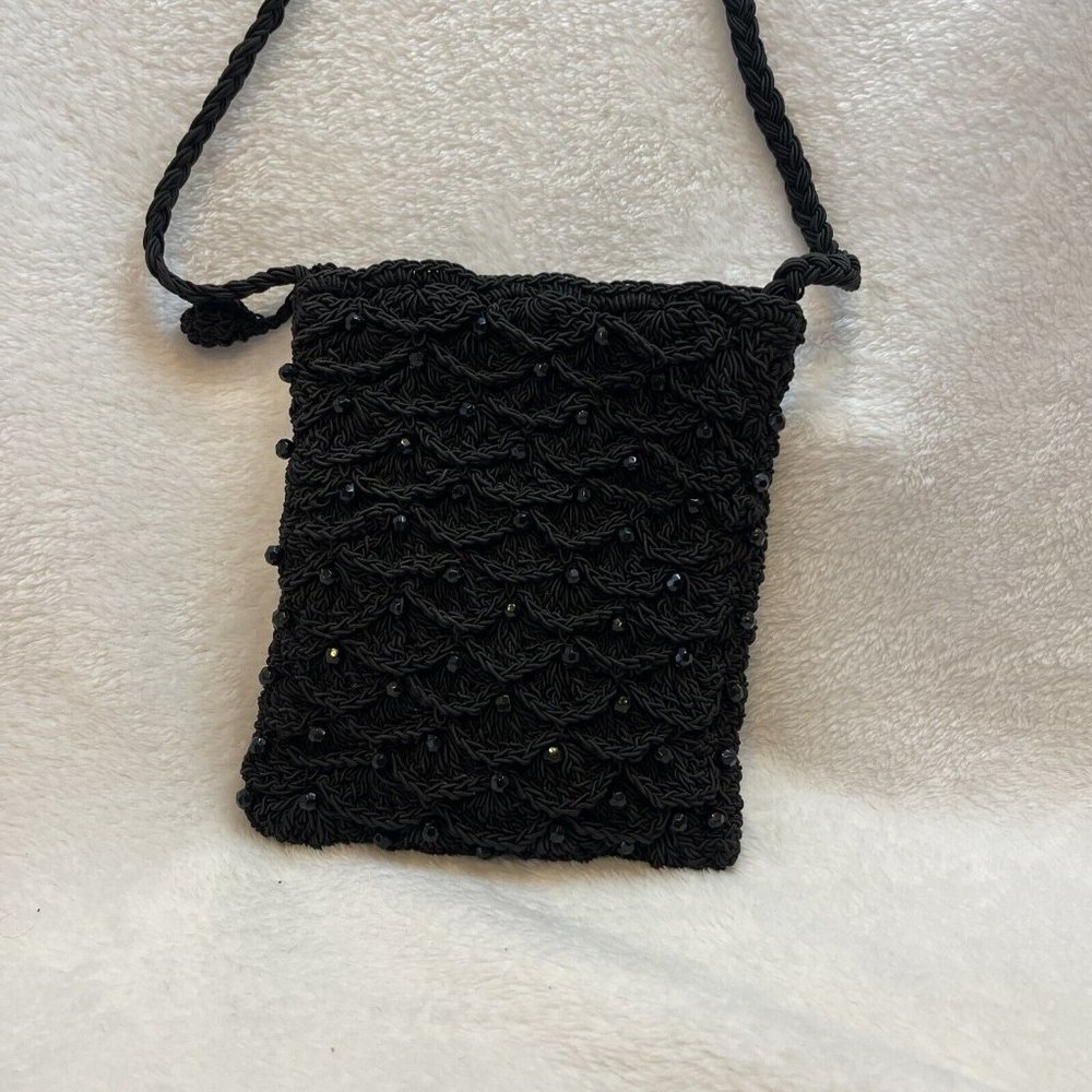 Slim Beaded Mesh Shoulder Bag in Black Long Braided‎ Strap Zipper Closure Bling